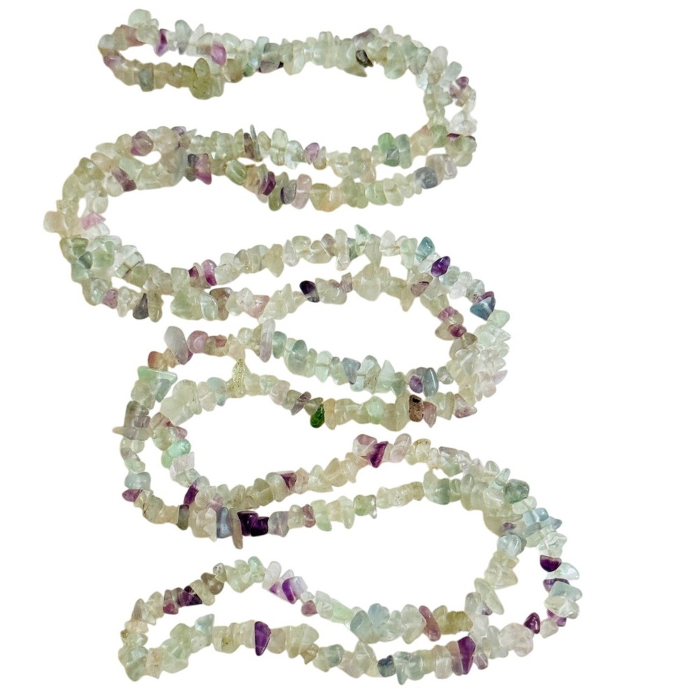 VTG Rainbow Fluorite stone Necklace natural chip beads BOHO Collar Single Strand